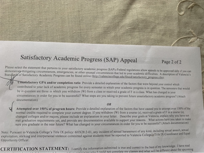 satisfactory academic progress appeal sample letter