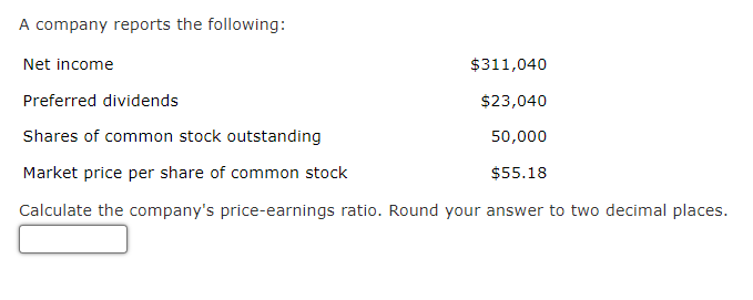Calculate the companys price-earnings ratio. Round your answer to two decimal places.