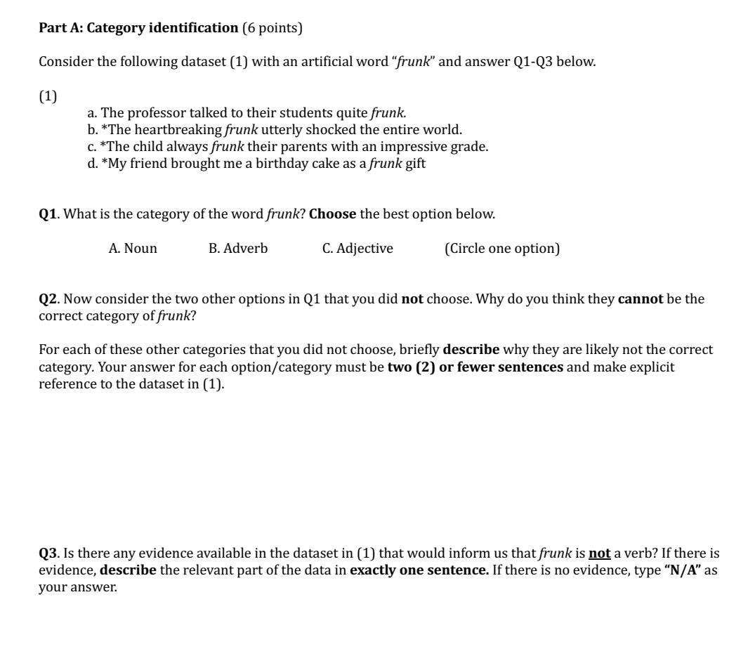 Part A: Category identification (6 points) Consider | Chegg.com