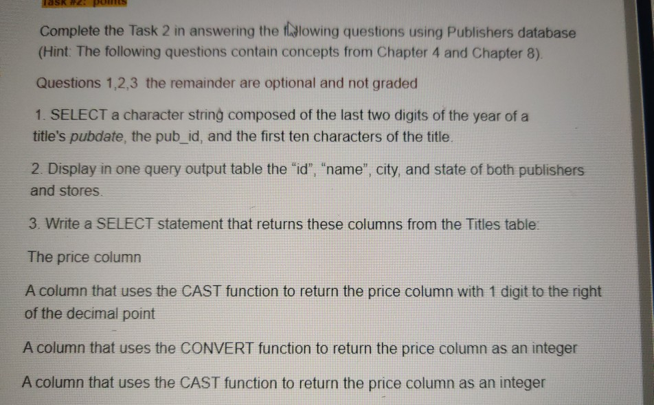 Solved Task 2 PUNTS Complete the Task 2 in answering the | Chegg.com