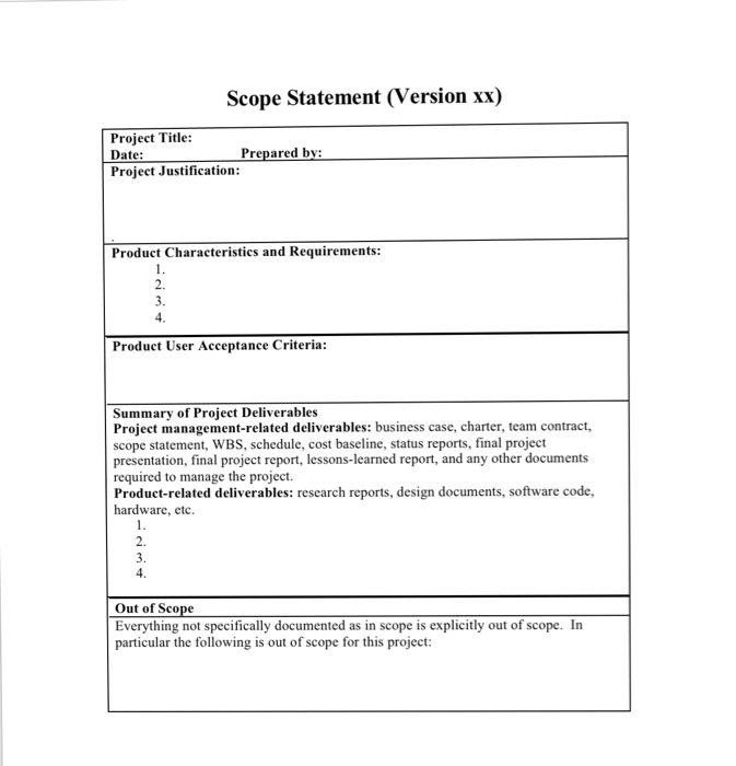 Solved Scope Statement (Version xx) Project Title Date | Chegg.com