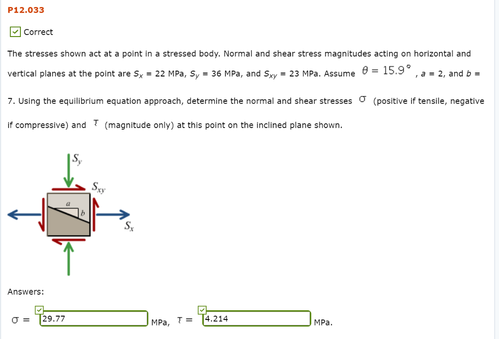 Solved P12.033 Correct The stresses shown act at a point in | Chegg.com