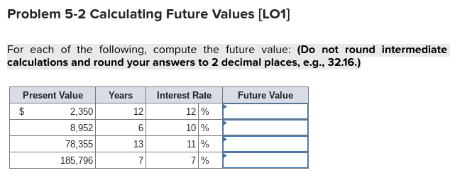 Solved Problem 5-2 Calculating Future Values [LO1] For Each | Chegg.com