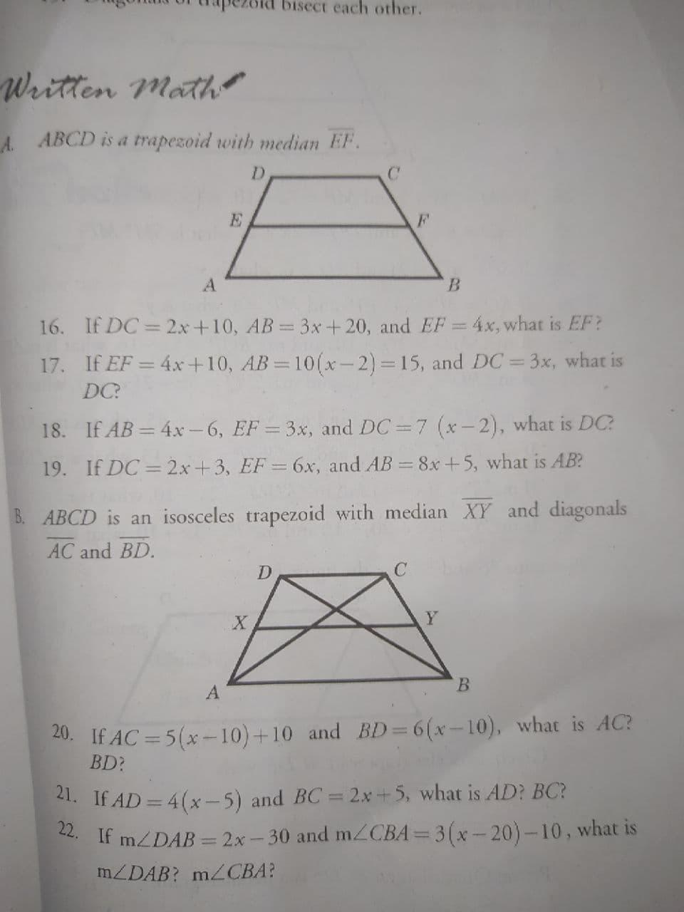 Solved Bisect Each Other Written Math A Abcd Is A Trapez Chegg Com