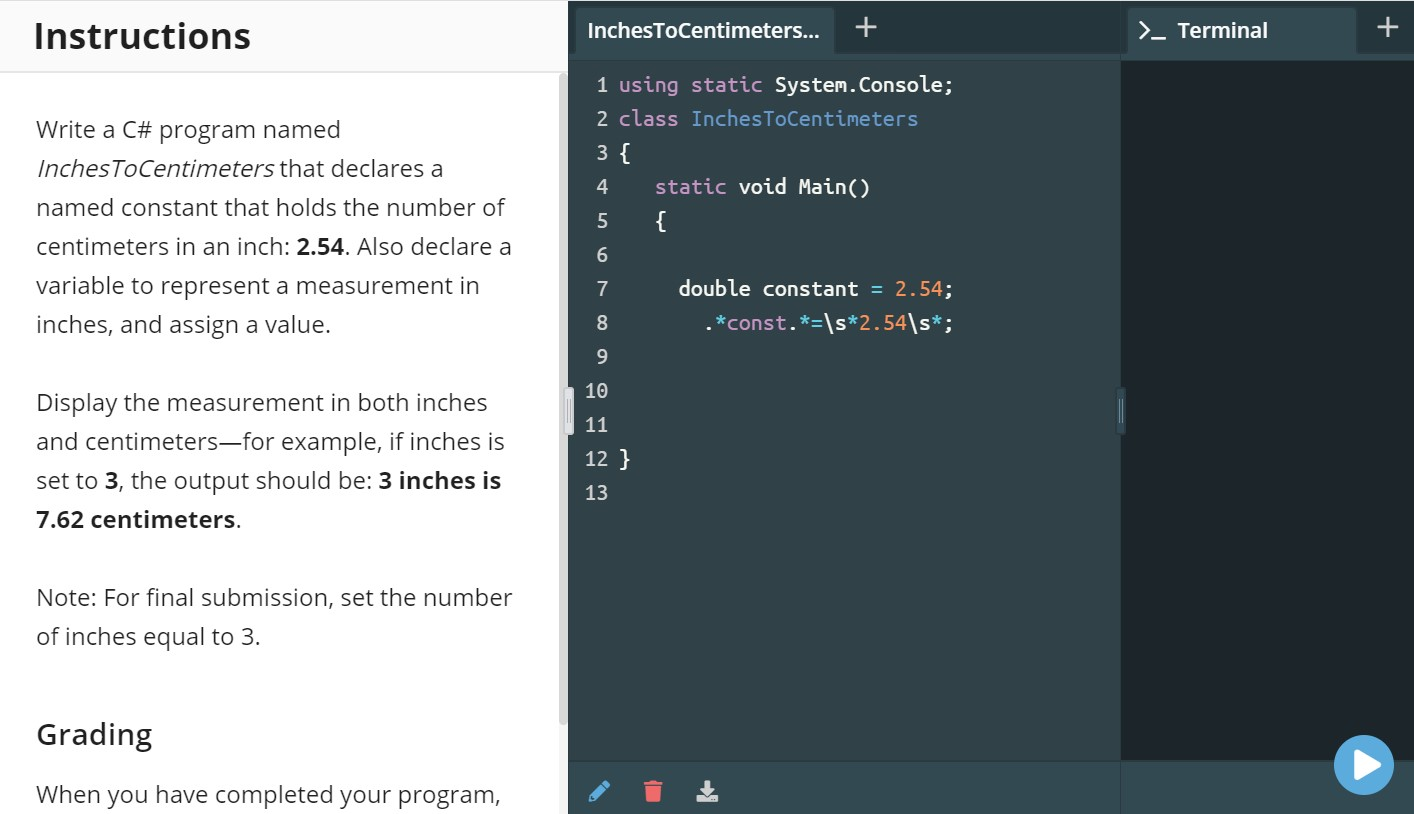 Solved >Terminal Instructions InchesToCentimeters... 1 using | Chegg.com