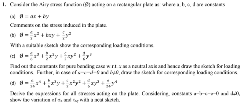 Solved 1. Consider the Airy stress function (Ø) acting on a | Chegg.com