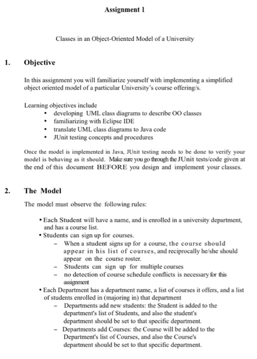 Solved Assignment 1 Classes in an Object-Oriented Model of a | Chegg.com