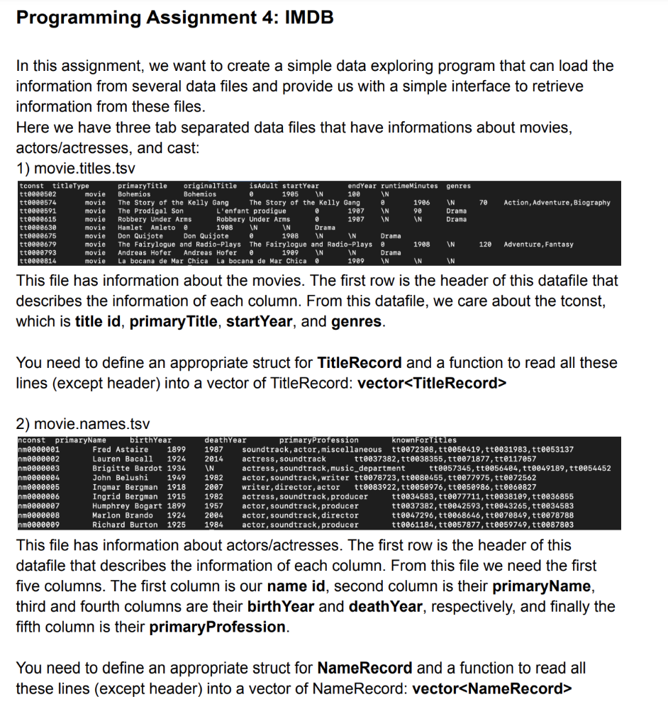 PLEASE IN C++ ONLY: TSV FILES ARE IN THE SCREENSHOT, | Chegg.com