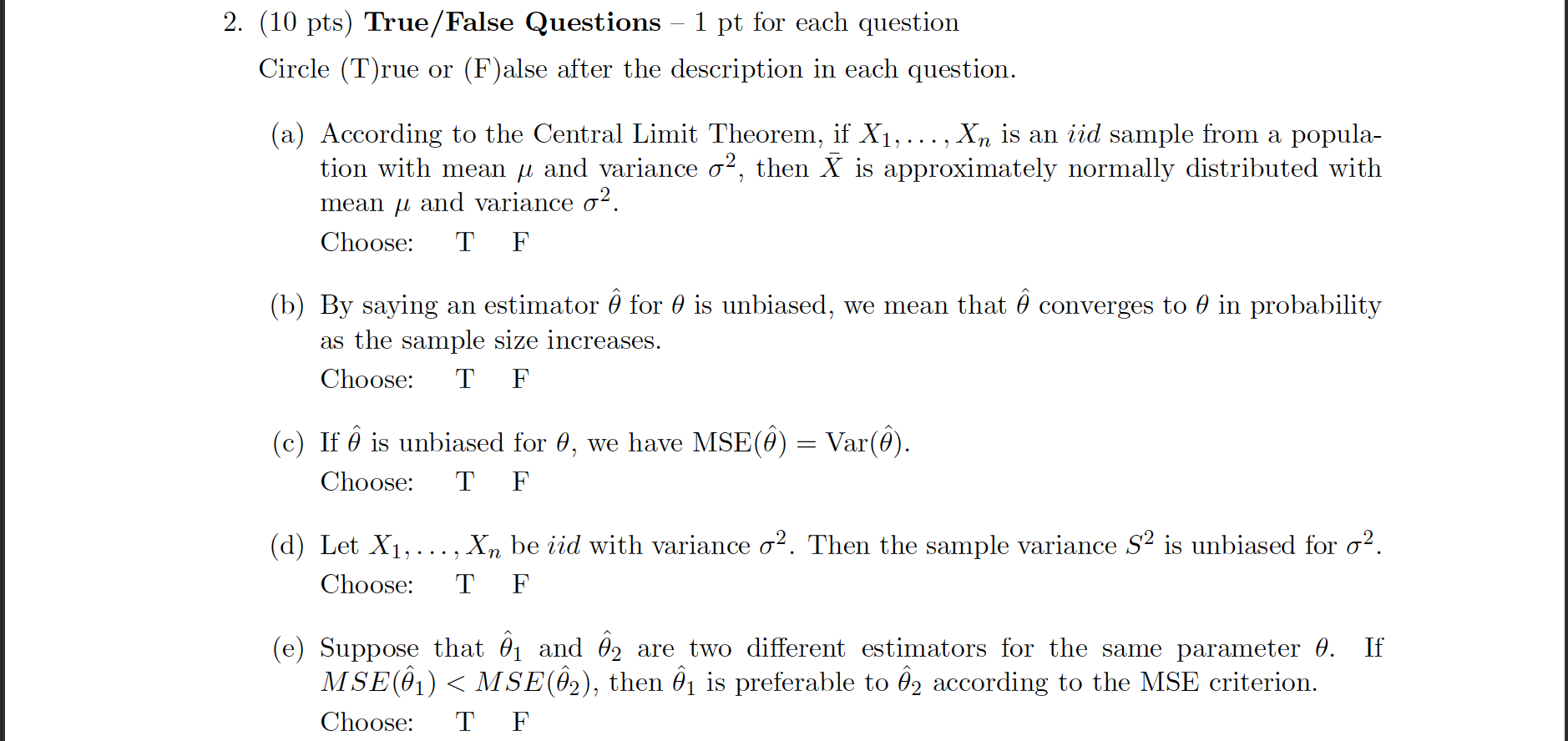 Solved 2 10 Pts True False Questions 1 Pt For Each Que Chegg Com