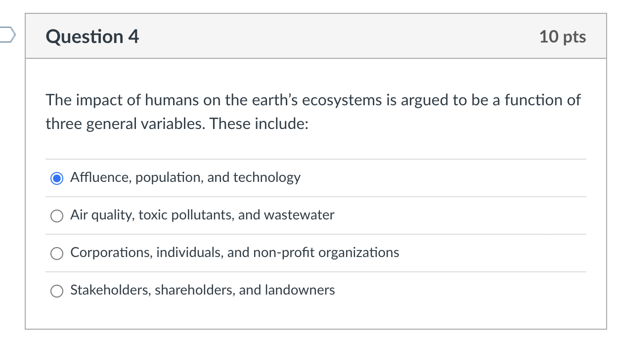 Solved Question 4 10 pts The impact of humans on the earth's | Chegg.com