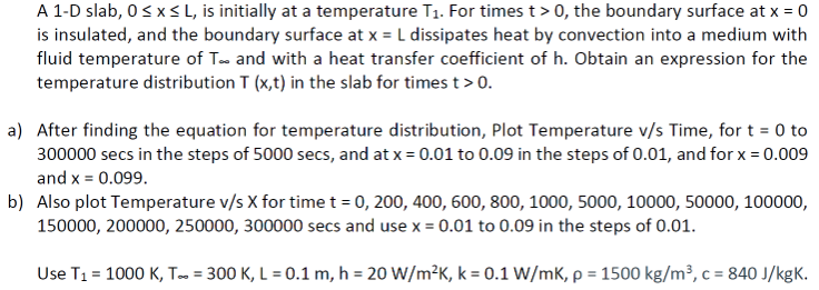 A 1-D slab, \( 0 \leq x \leq L \), is initially at a temperature \( T_{1} \). For times \( t>0 \), the boundary surface at \(