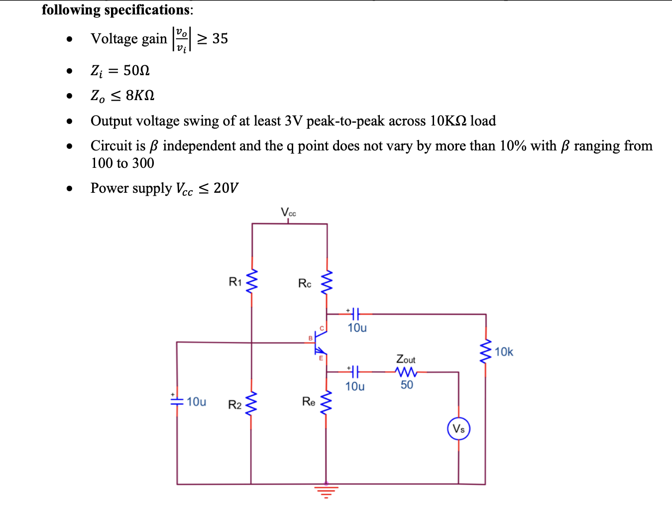 following specifications: - Voltage gain ∣∣vivo∣∣≥35 | Chegg.com