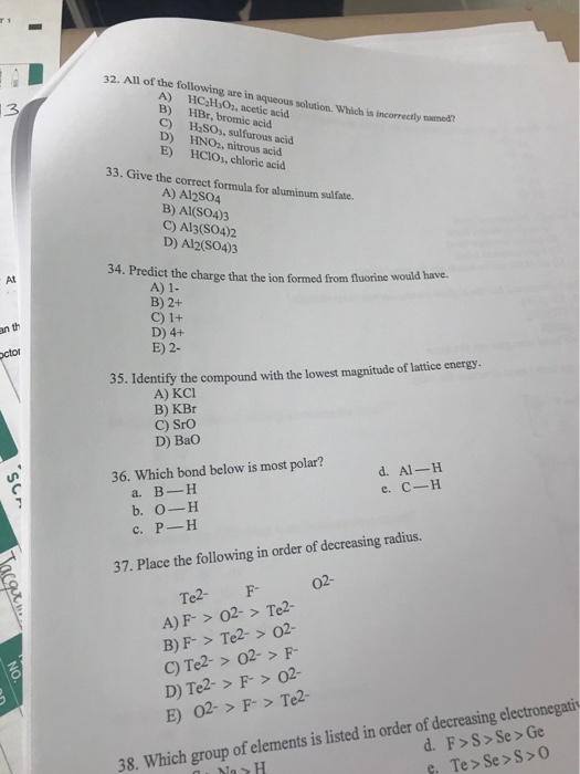 Solved 32. All of the following are in aqueous solution. | Chegg.com