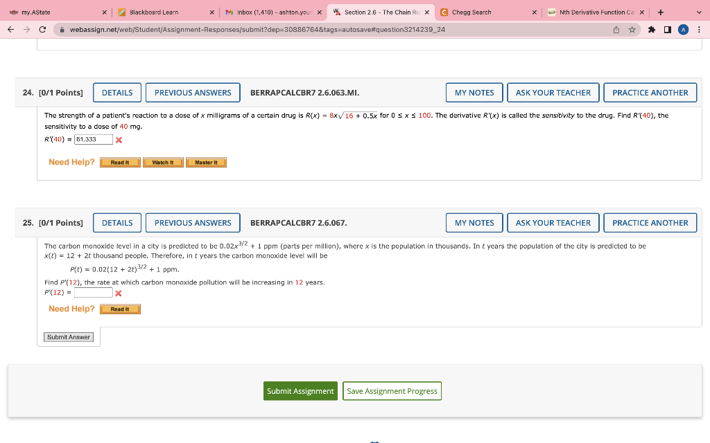 sensitivity to a dose of \( 40 \mathrm{mg} \).
\[
R^{\prime}(40)=
\]
\[
x
\]
[0/1 Points]
BERRAPCALCBR7 2.6.067. \( x(t)=12+2