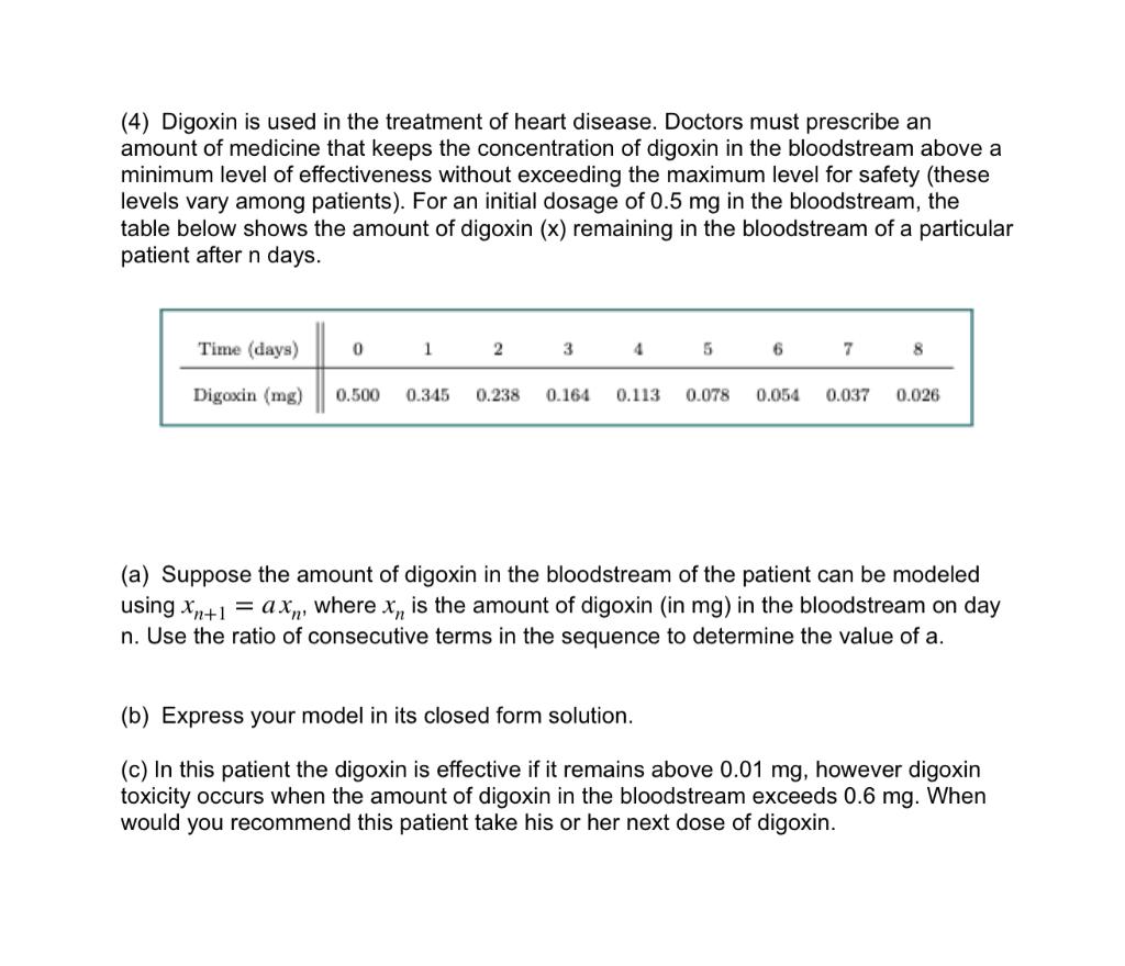 Solved (4) Digoxin is used in the treatment of heart | Chegg.com