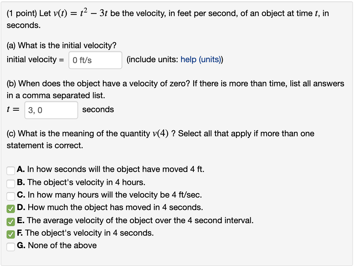 Solved 1 Point Let V T 12 3t Be The Velocity In F Chegg Com