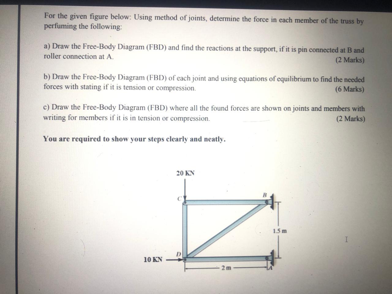 Solved For The Given Figure Below: Using Method Of Joints, | Chegg.com