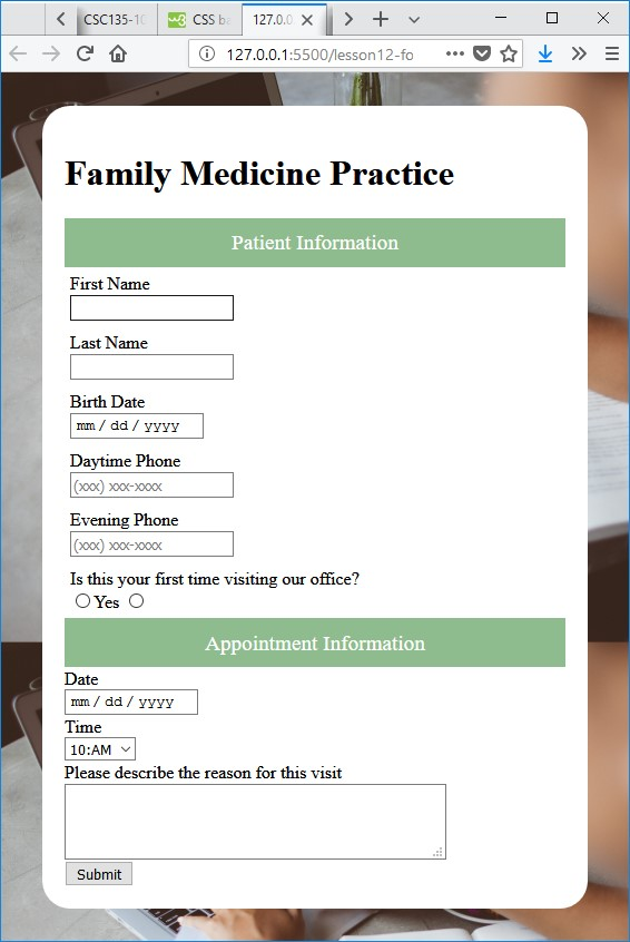 Solved Topic: HTML and CSS3 Create a doctor appointment form | Chegg.com