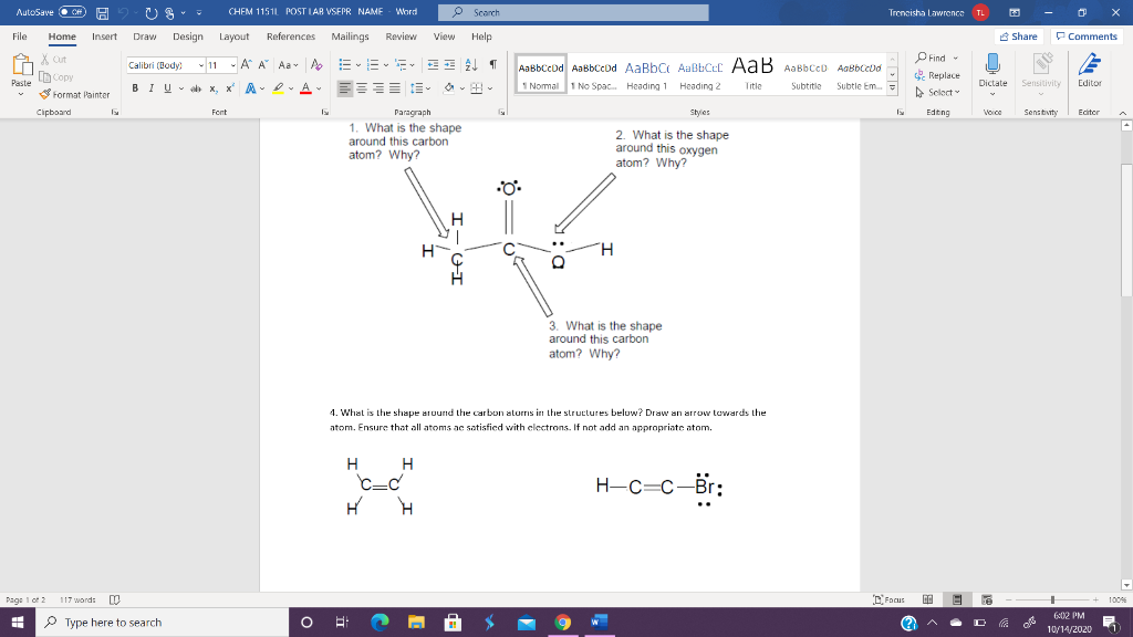 Solved AutoSave 0 H CHEM 1151L POST LAB VSEPR NAME Word | Chegg.com