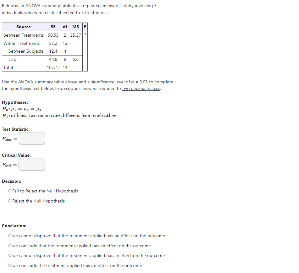 Solved Below is an ANOVA summary table for a | Chegg.com