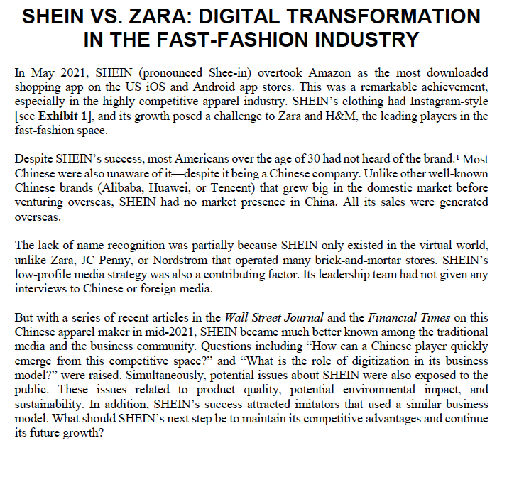 Solved SHEIN VS. ZARA: DIGITAL TRANSFORMATION INDUSTRY IN
