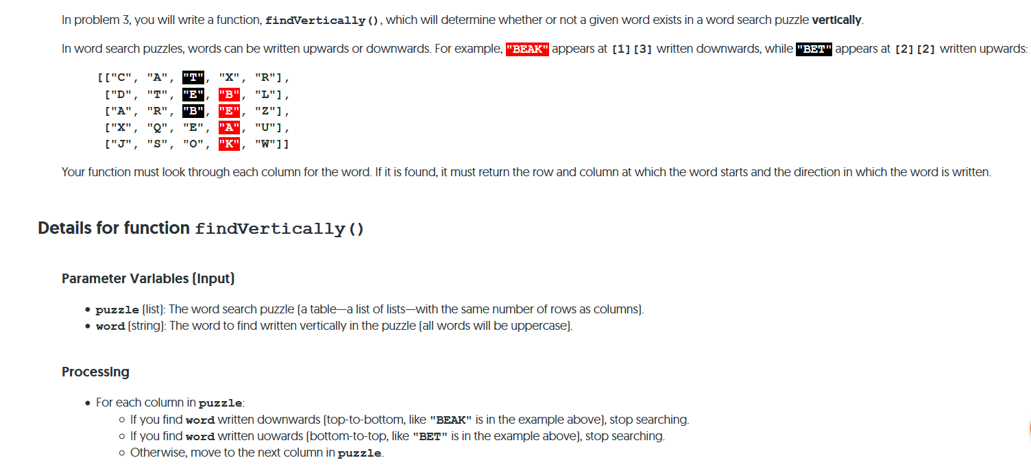 Solved Problem 3 Write Function Findvertically Determine Whether Given Word Exists Word Search Pu Q