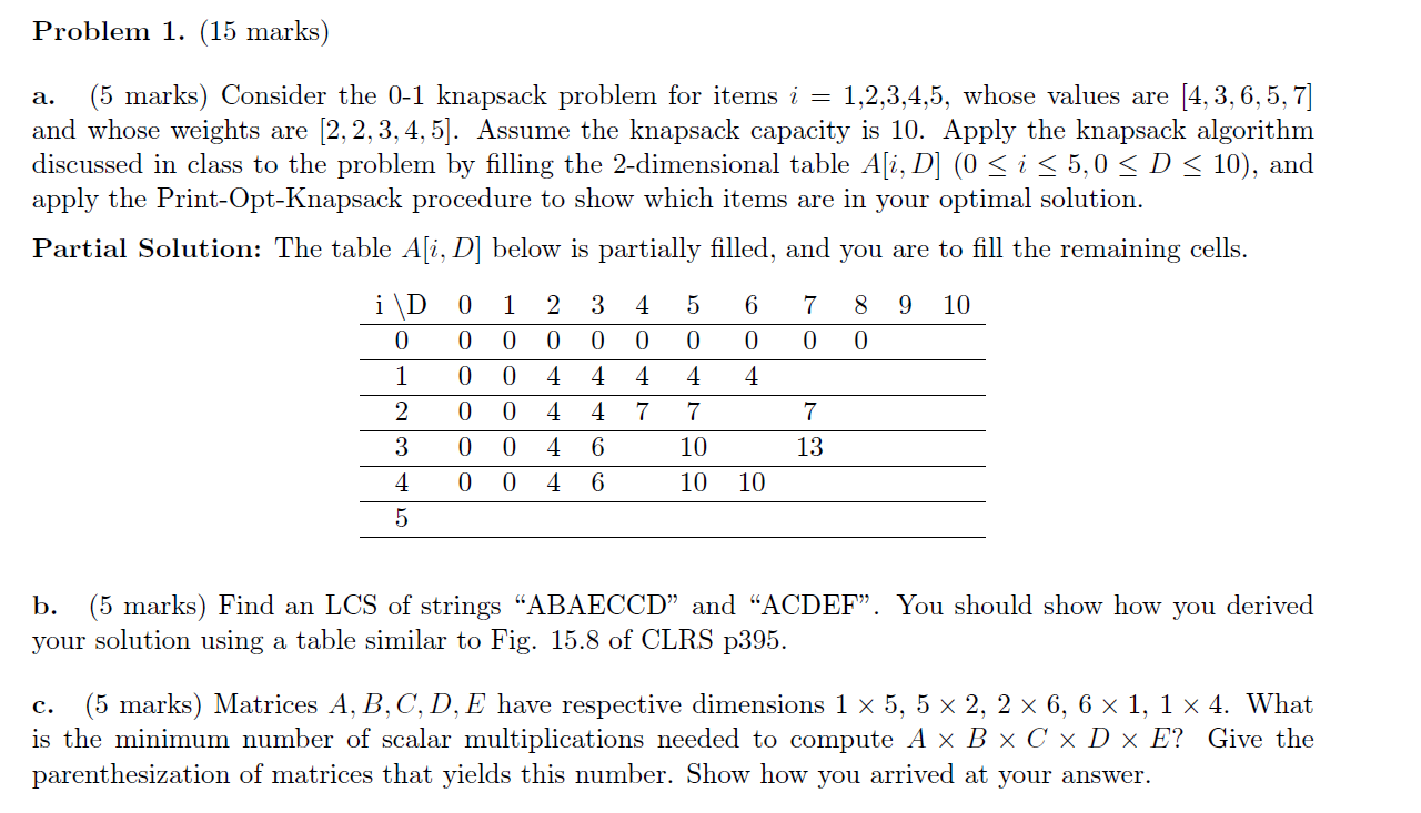 Solved Problem 1. (15 Marks) A. (5 Marks) Consider The 0-1 | Chegg.com