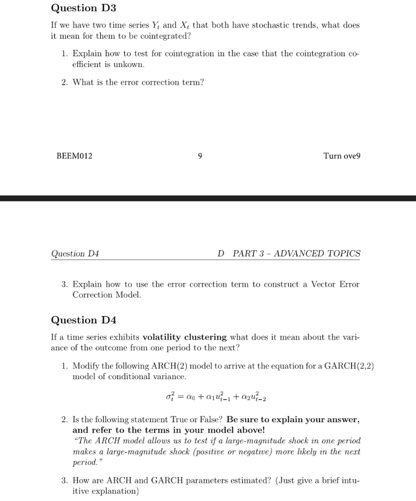 Question D3 If we have two time series Yt and X; that | Chegg.com
