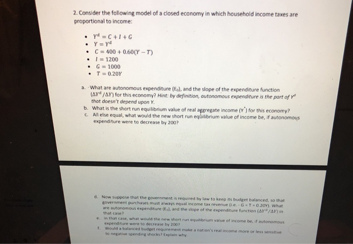 Solved 2. Consider the following model of a closed economy | Chegg.com