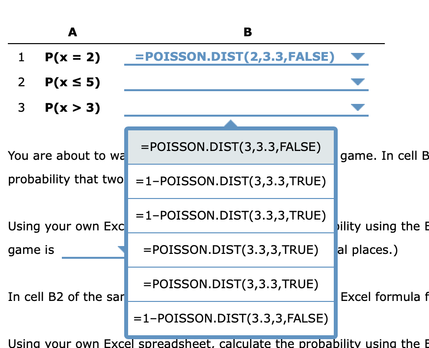 Solved 10. Using Excel - Poisson probabilities Suppose the | Chegg.com