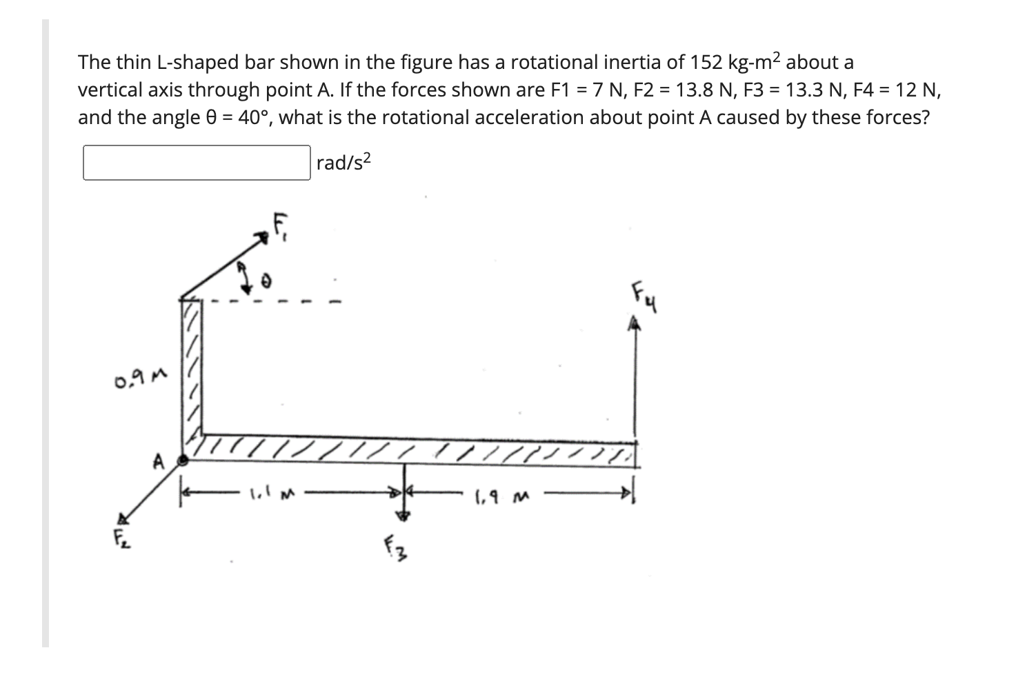 The thin L-shaped bar shown in the figure has a rotational inertia of \( 152 \mathrm{~kg}-\mathrm{m}^{2} \) about a vertical 