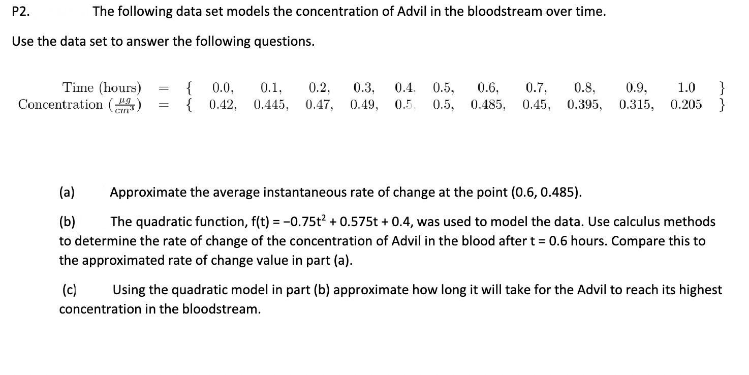 Solved P2. The following data set models the concentration | Chegg.com