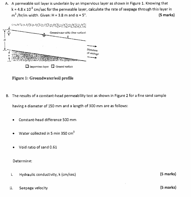 A. A permeable soil layer is underlain by an impervious layer as shown in Figure 1. Knowing that \( \mathrm{k}=4.8 \times 10^