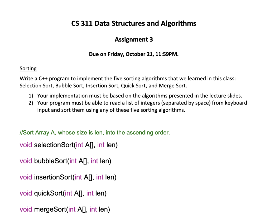 Solved Write A C++ Program To Implement The Five Sorting | Chegg.com