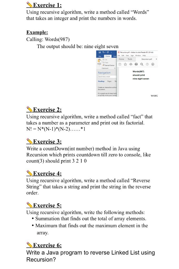 Solved Exercise 1: Using recursive algorithm, write a method | Chegg.com