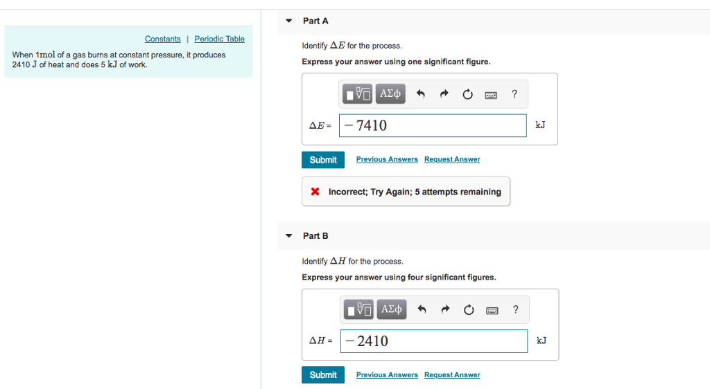 Solved Part A Constants Periodic Table When 1mol of a gas | Chegg.com