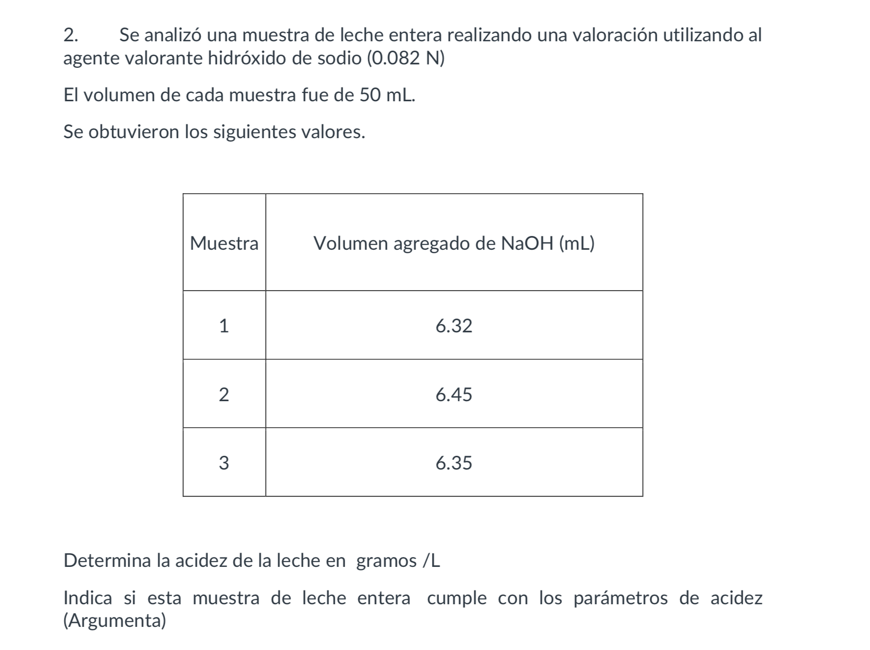 2. Se analizó una muestra de leche entera realizando una valoración utilizando al agente valorante hidróxido de sodio (0.082