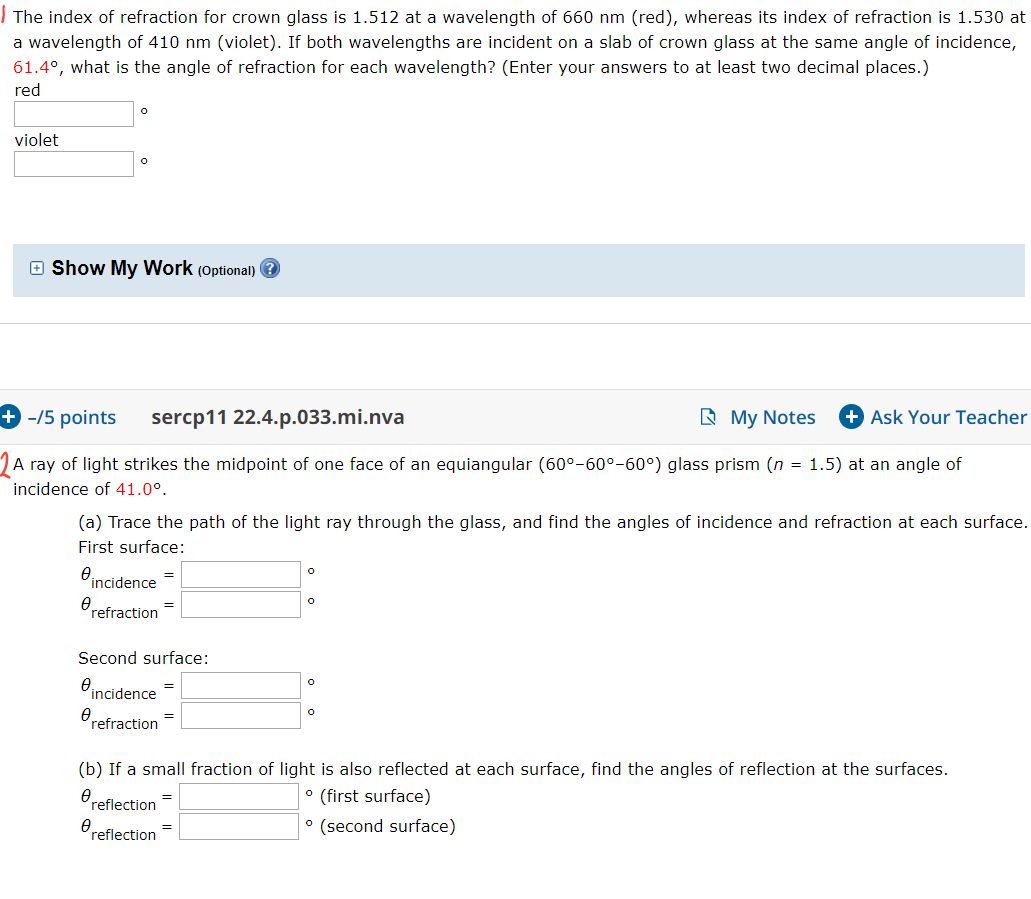 Solved The index of refraction for crown glass is 1.512 at a | Chegg.com
