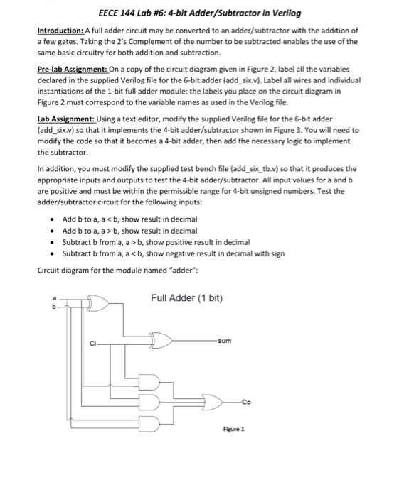 Solved EECE 144 Lab #6: 4-bit Adder/subtractor in Verilog | Chegg.com