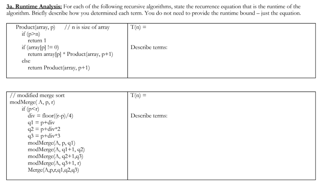 Solved 3a. Runtime Analysis: For each of the following | Chegg.com