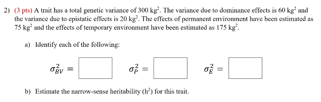 Solved A trait has a total genetic variance of 300 kg^2. The | Chegg.com