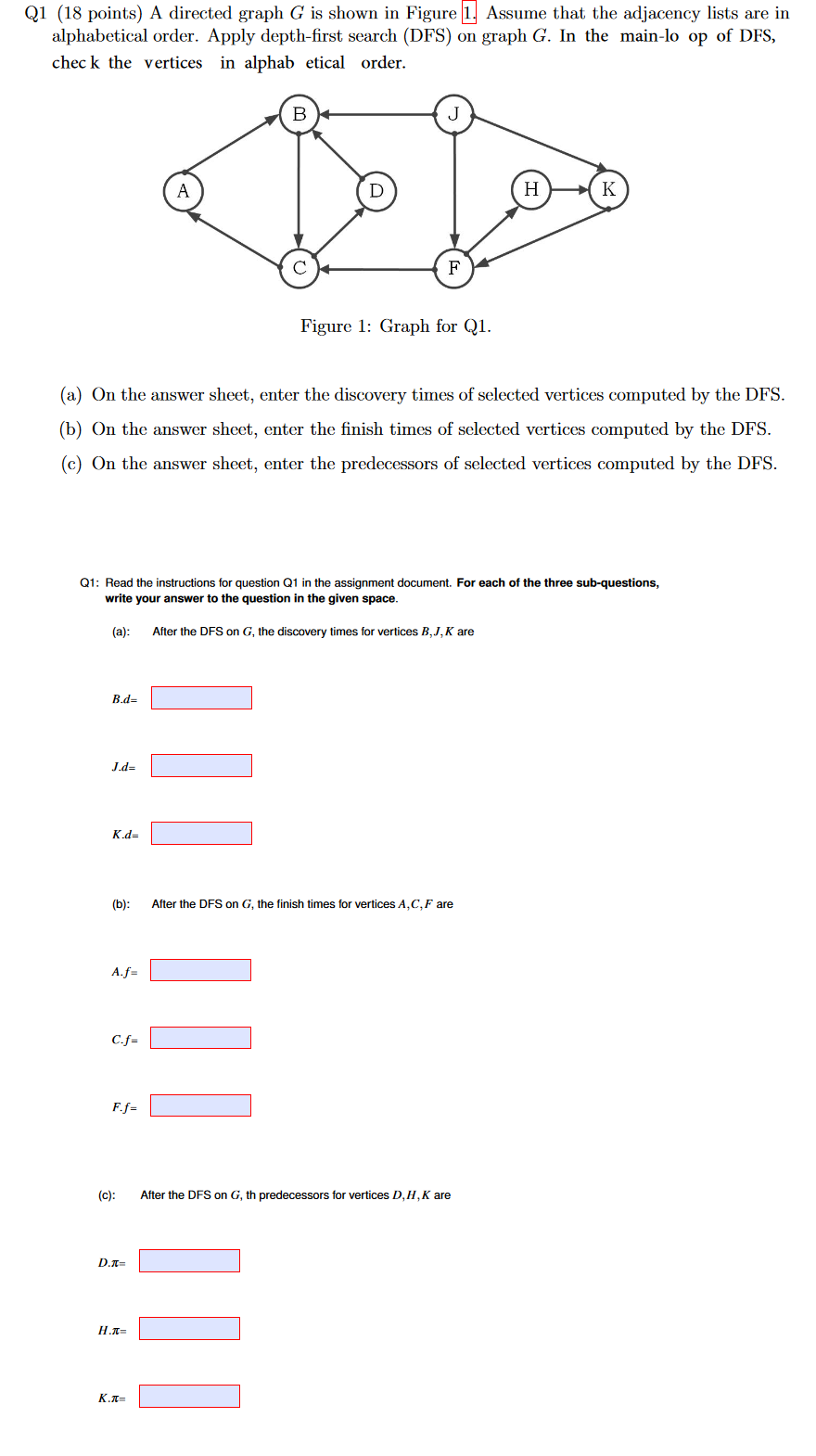 Q1 (18 points) A directed graph \( G \) is shown in Figure 1. Assume that the adjacency lists are in alphabetical order. Appl