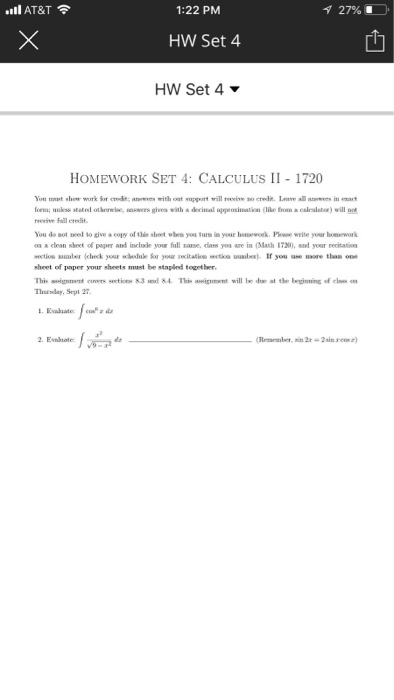Solved .11 AT&T令 1:22 PM HW Set 4 凹 HW Set 4 HOMEWORK SET | Chegg.com