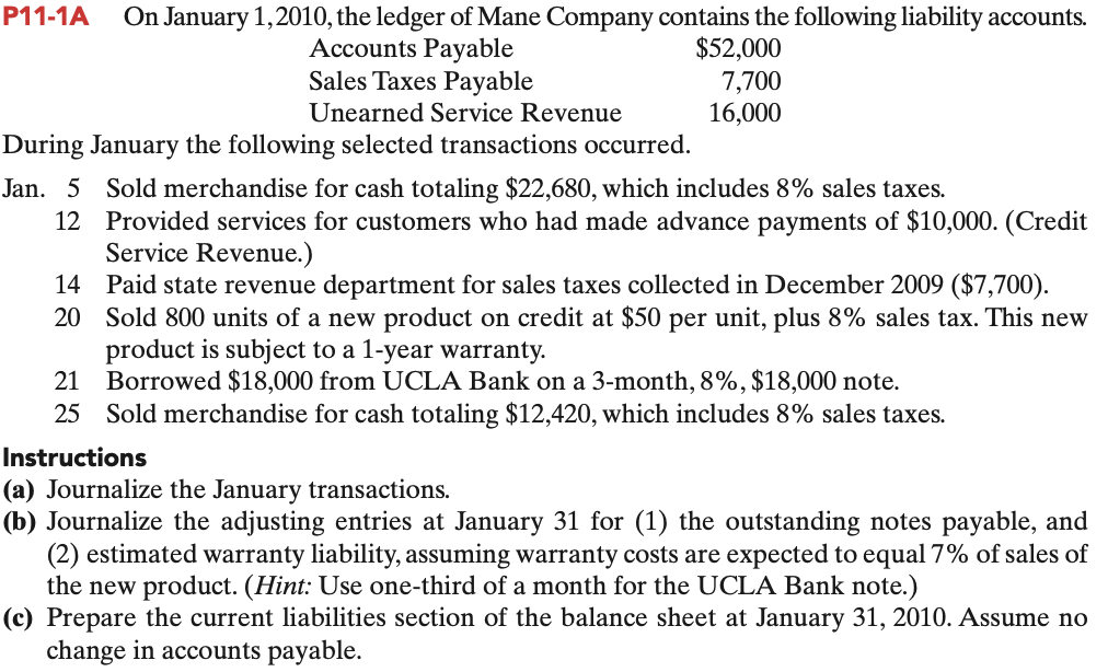 Solved P11-1A On January 1,2010, the ledger of Mane Company | Chegg.com