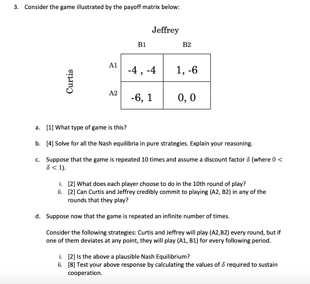 3. Consider the game illustrated by the payoff matrix | Chegg.com