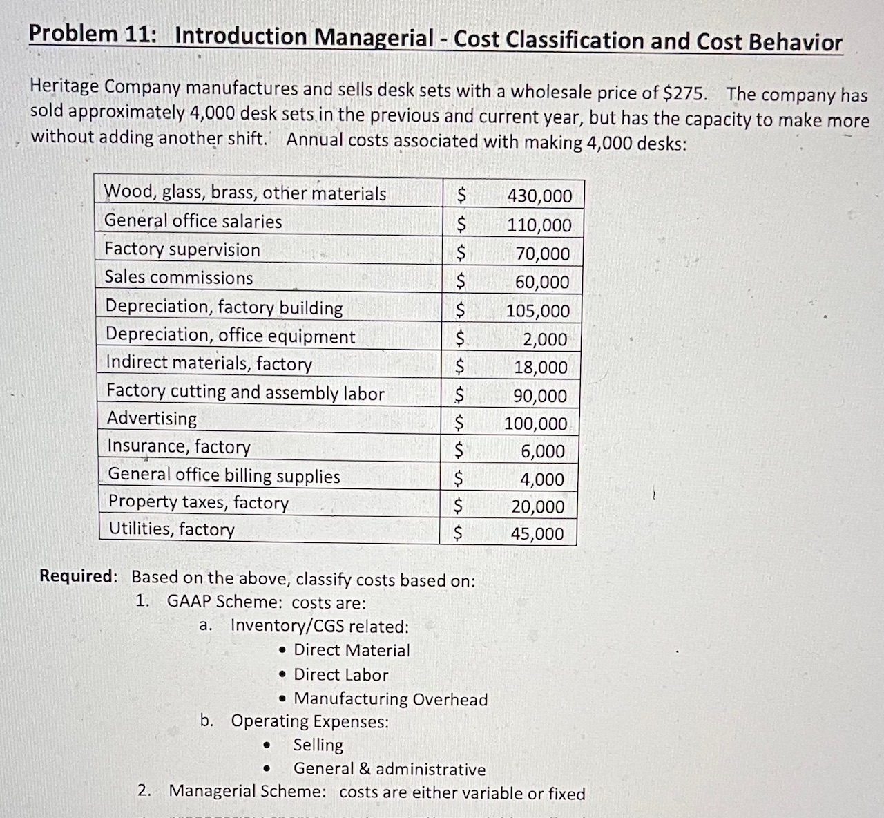 Solved Problem 11: Introduction Managerial - ﻿Cost | Chegg.com