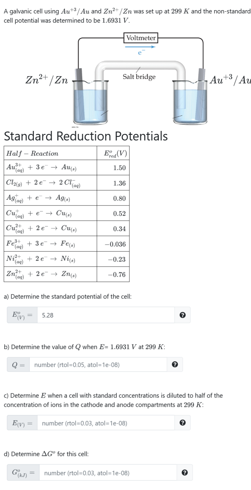 Solved A galvanic cell using Au+3/Au and Zn2+ / Zn was set