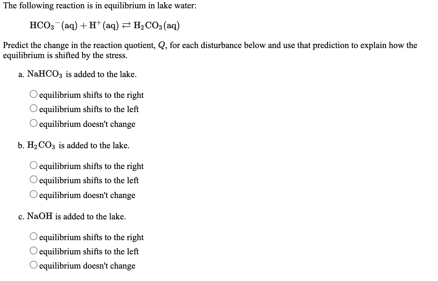 Solved The following reaction is in equilibrium in lake | Chegg.com