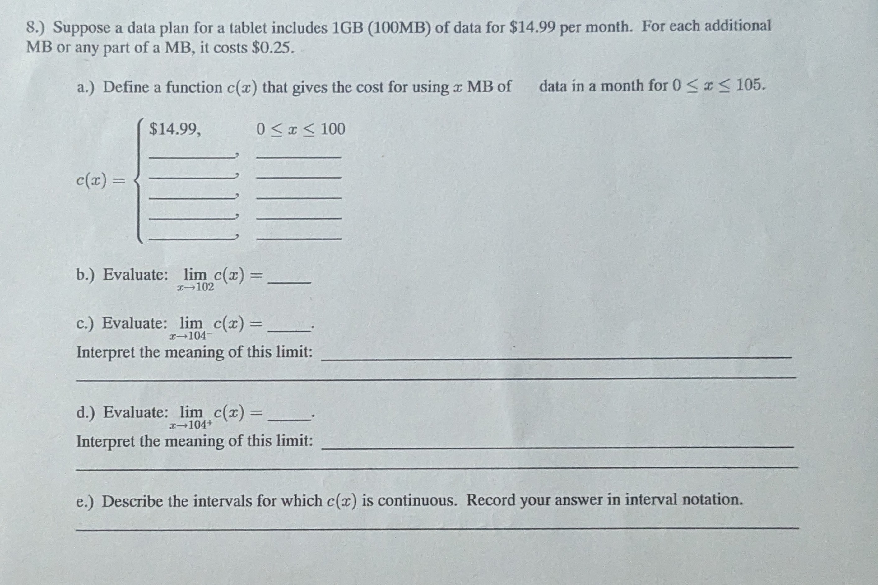 Solved 8.) Suppose a data plan for a tablet includes 1