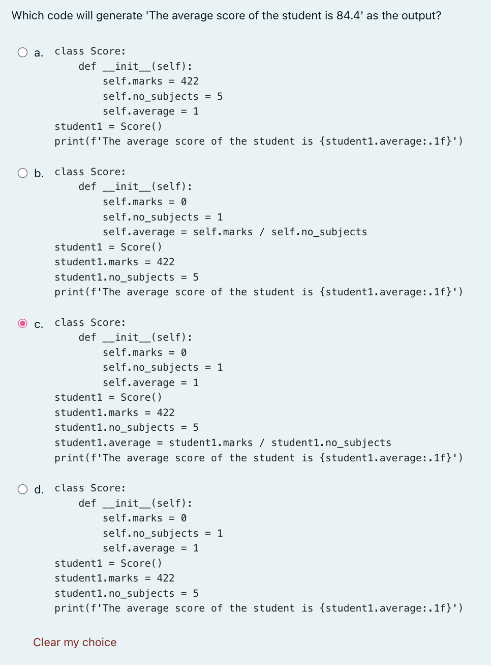 Solved Which code will generate 'The average score of the | Chegg.com